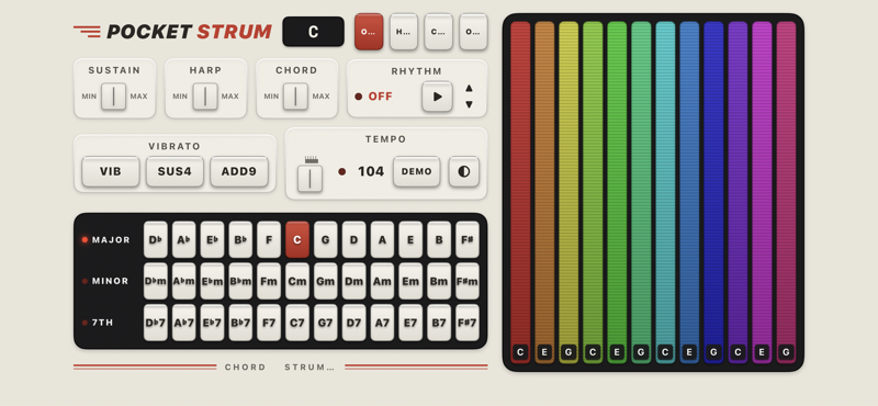 PocketStrum's Classic panel in landscape — the three rows of chord keys that Learn Mode lights up, with the strumplate alongside