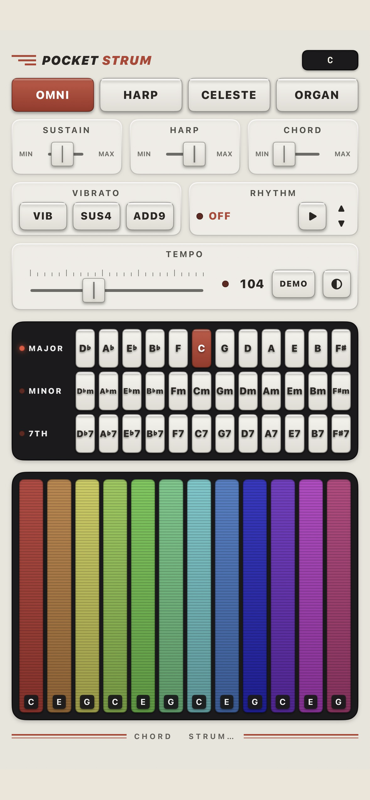 PocketStrum in the Classic skin: cream panel, red keys, rainbow strumplate