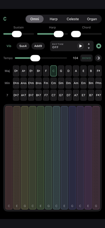 PocketStrum in the Modern skin: flat dark stage-friendly interface