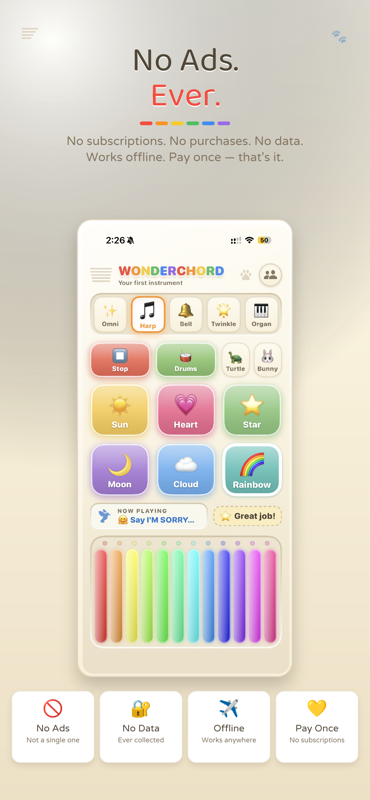 Wonderchord: no ads, no subscriptions, no in-app purchases, no data collected